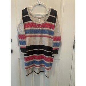 Free People Gray Pink Blue Black Tribal Striped Tunic Sweater Casual Dress XS/S